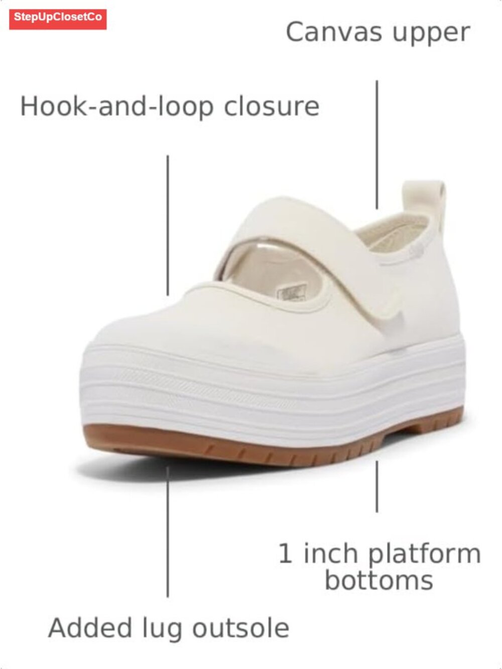 Platform Mary Jane Sneakers Hook-and-Loop Closure Canvas Upper Cushioned Sole - Picture 2 of 6